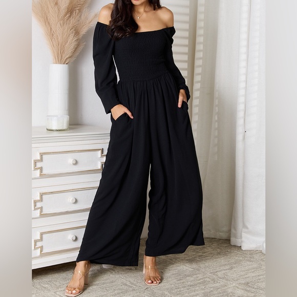 NEW Double Take Black Square Neck Smocked Long Sleeve Wide Leg Jumpsuit - Picture 5 of 9